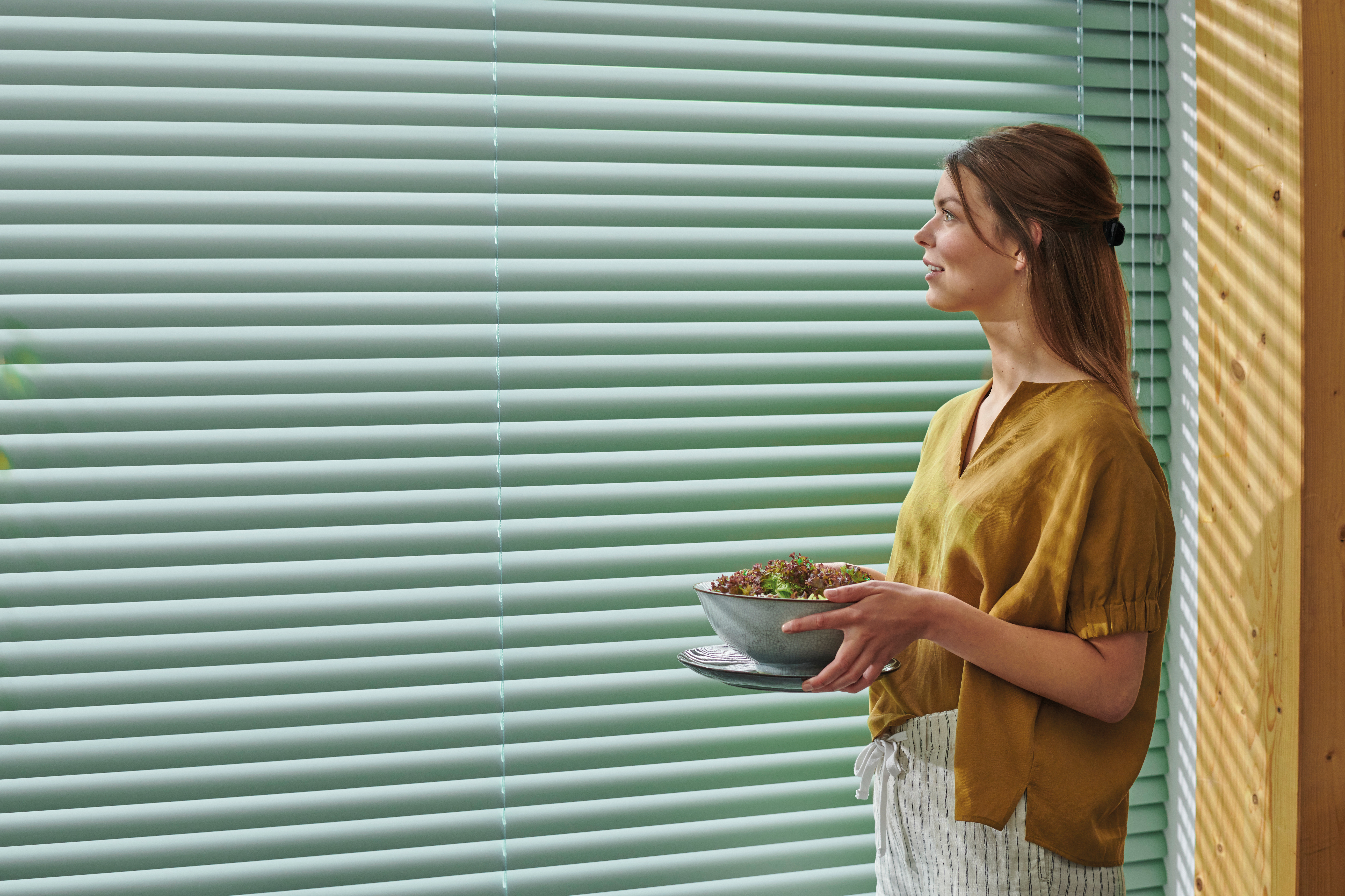 Venetian Blinds Close Up Photo Woman Green Slats