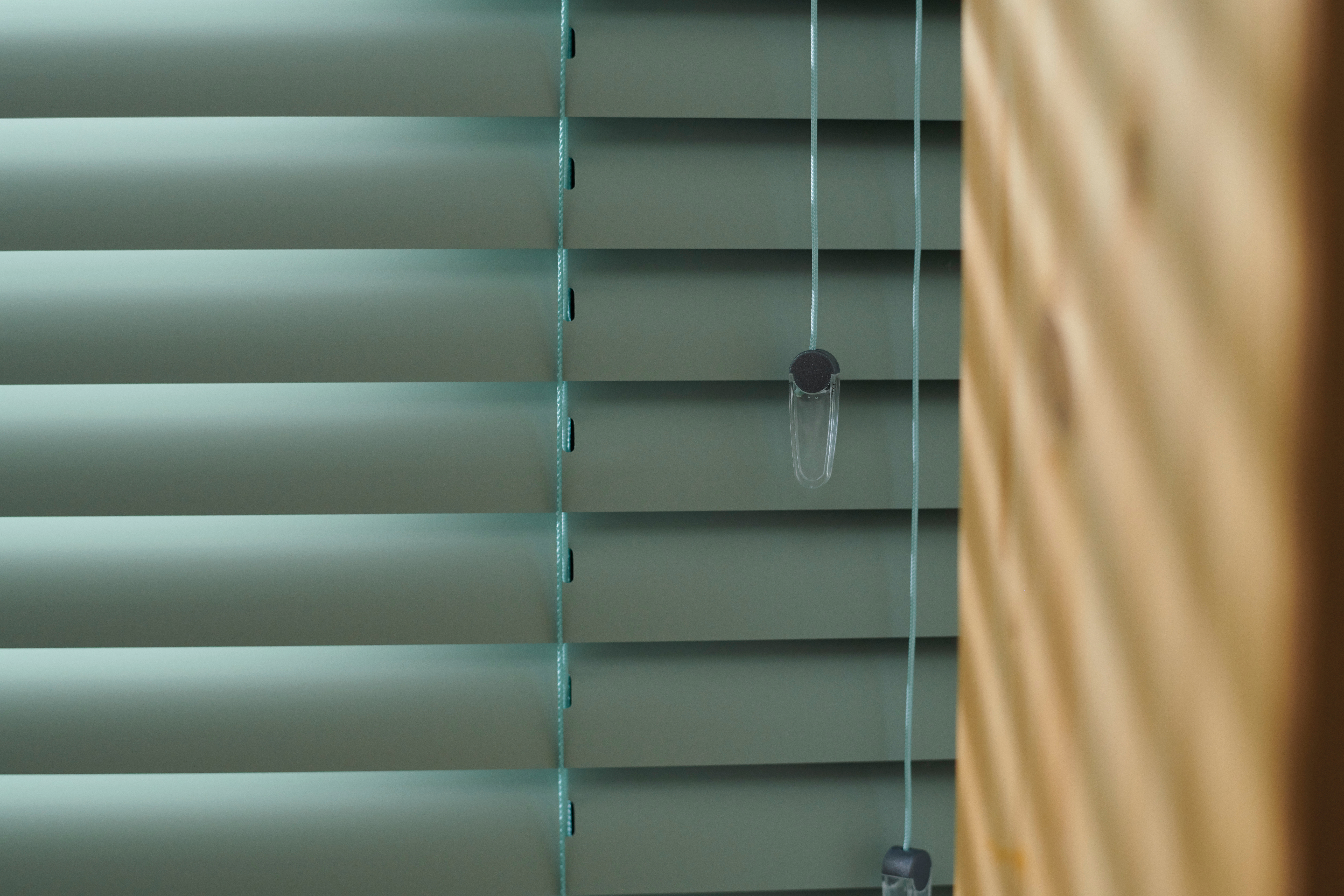Venetian Blinds Close Up Photo Cord Operating Green Slats