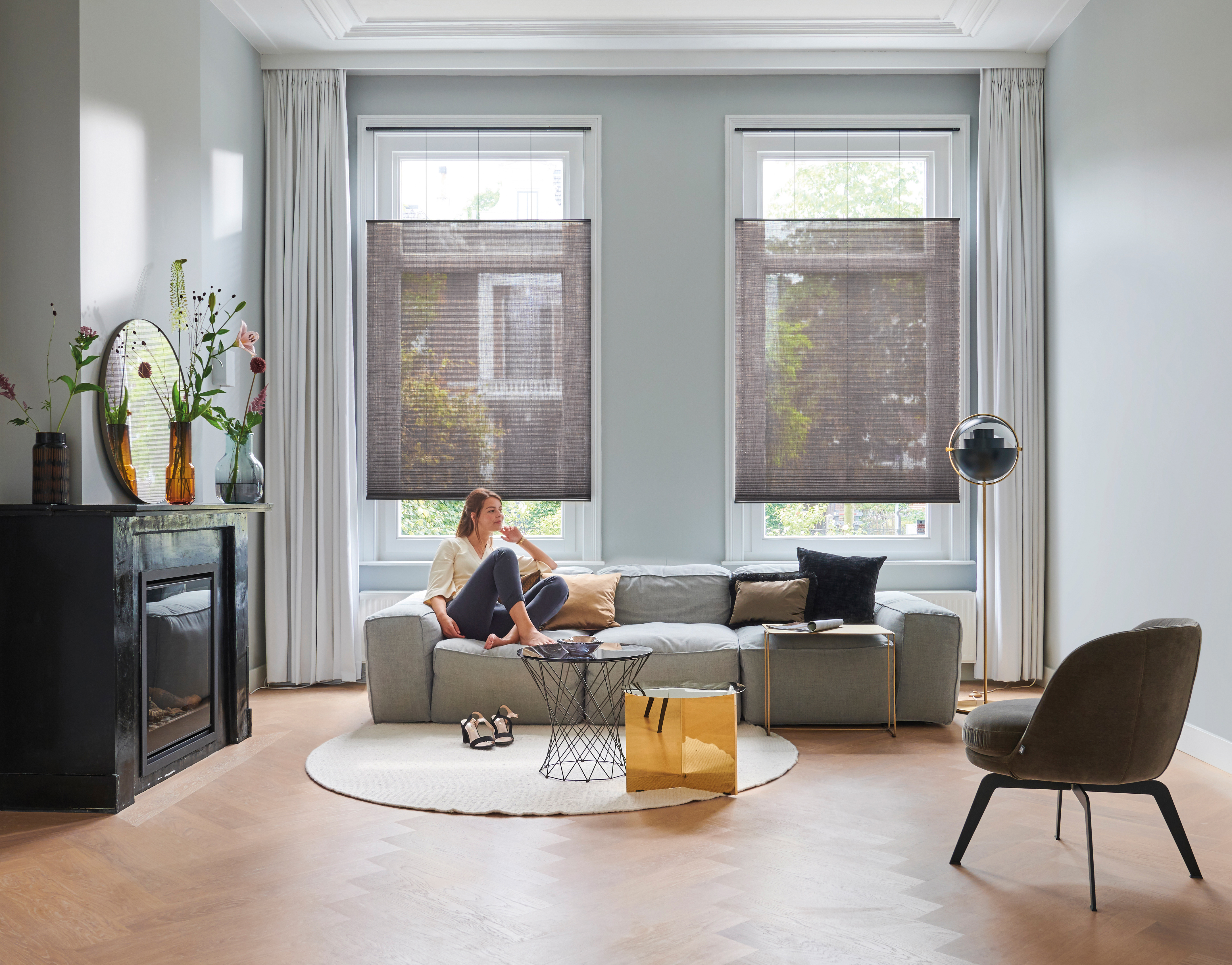 Plissé Shades Full Room Photo Woman In Living Room Grey Blinds Crop